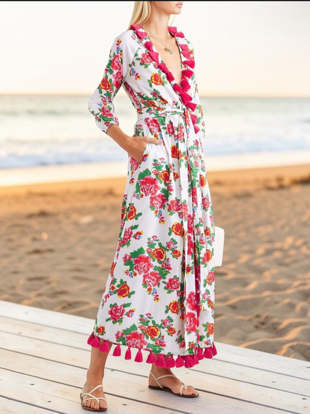 Rhode Lena Floral Tassel Trim Cotton Voile Maxi Wrap Dress L